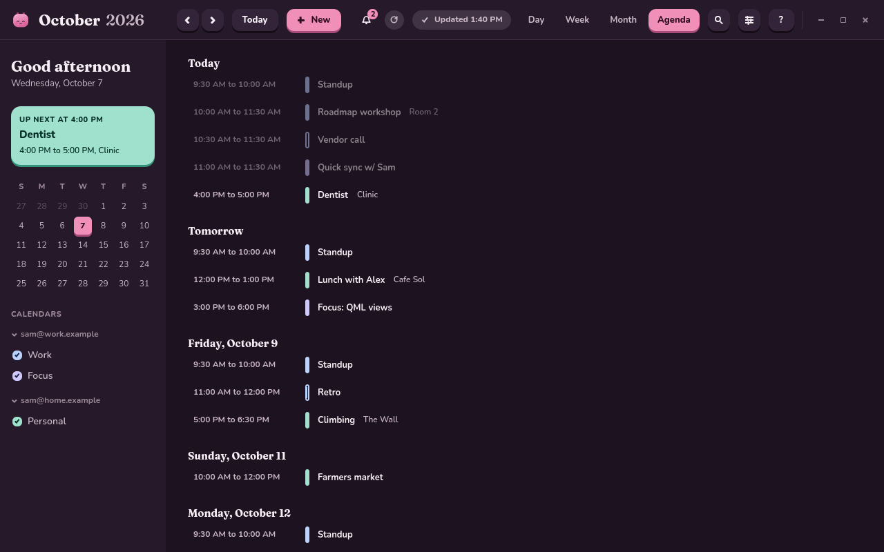 Callie's agenda view in its dark theme, listing the coming days' events with their times and places