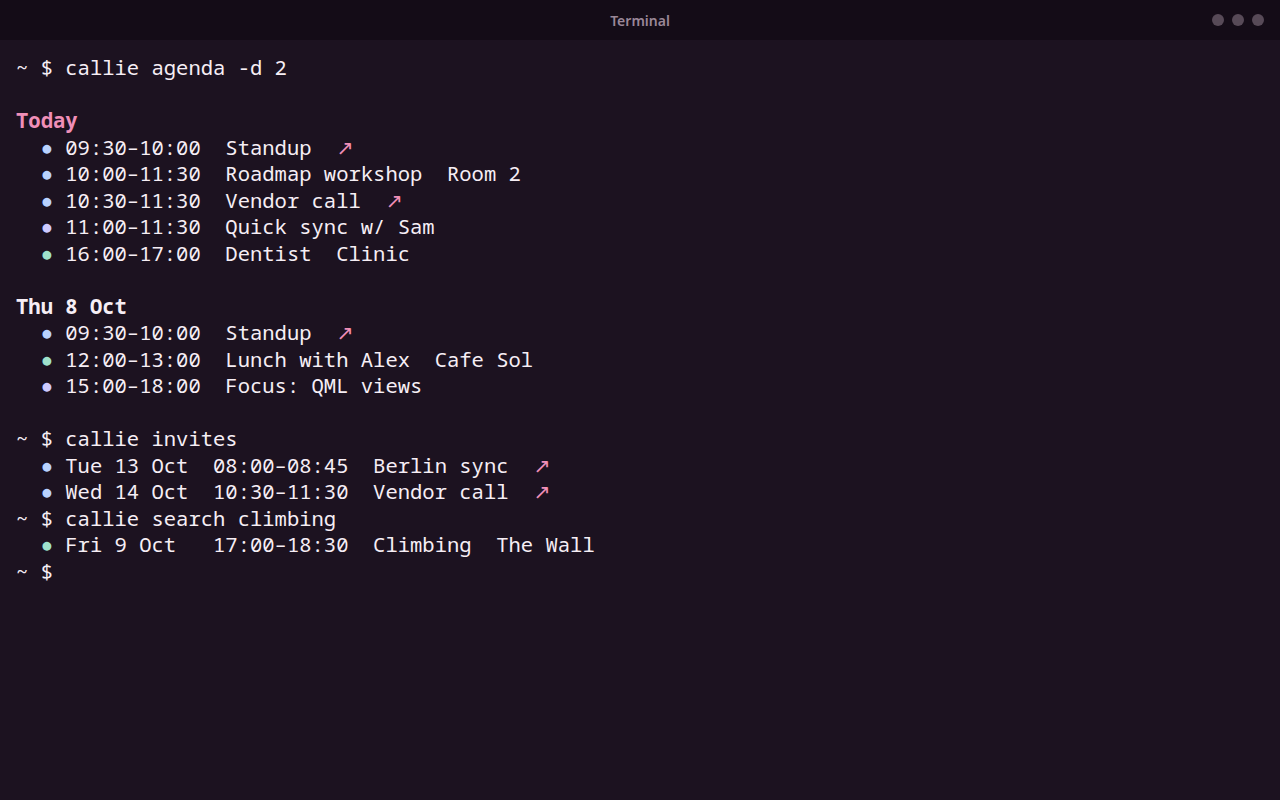 A terminal running callie agenda, callie invites and callie search, with each event's calendar color as a dot