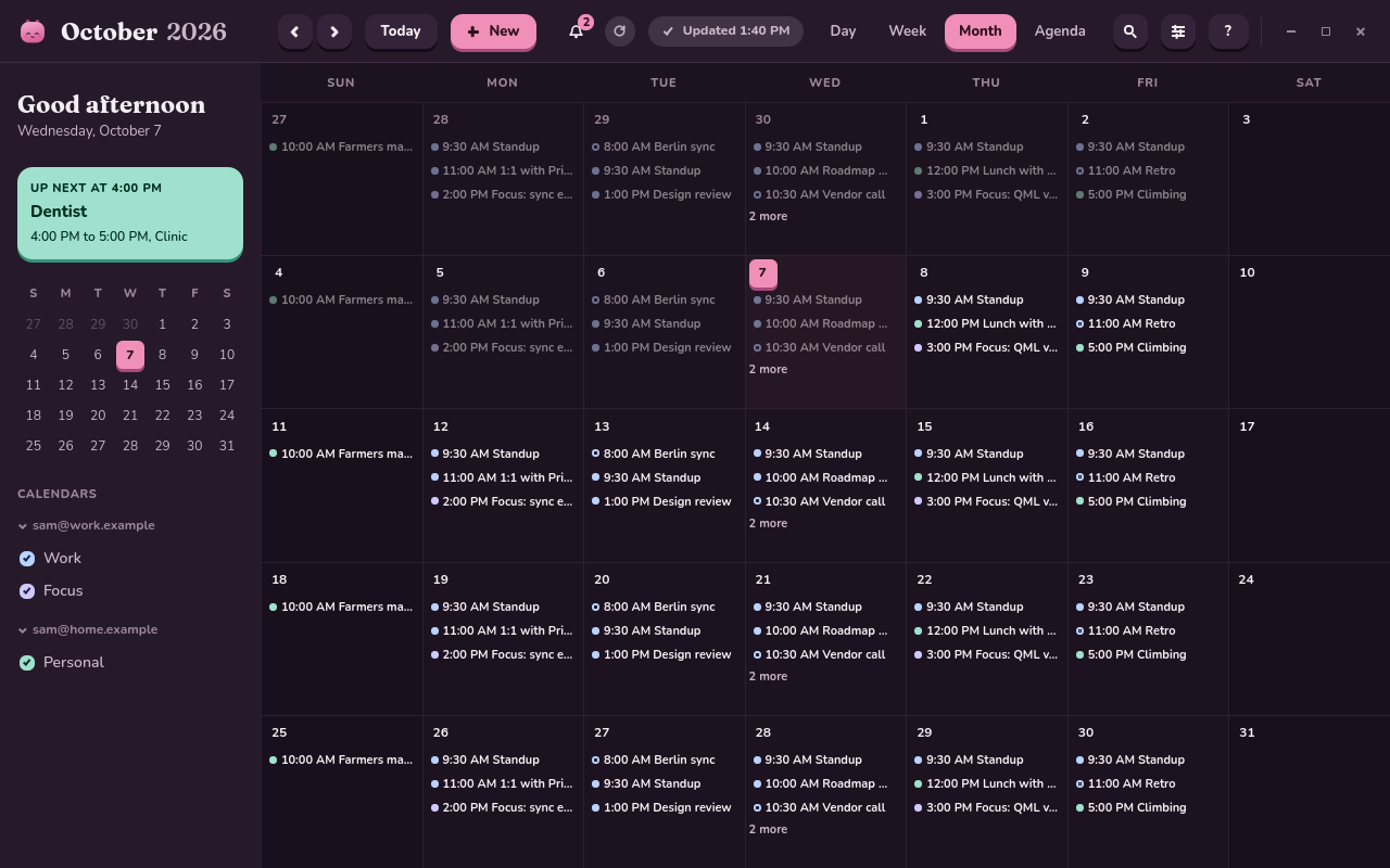 Callie's month view in its dark theme, with each day's events as a list