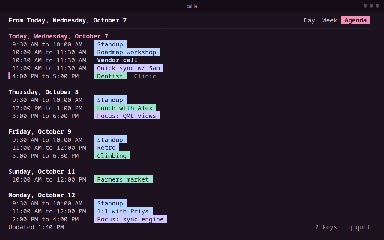 Callie's full-screen terminal calendar showing the agenda, with events in their calendars' colors