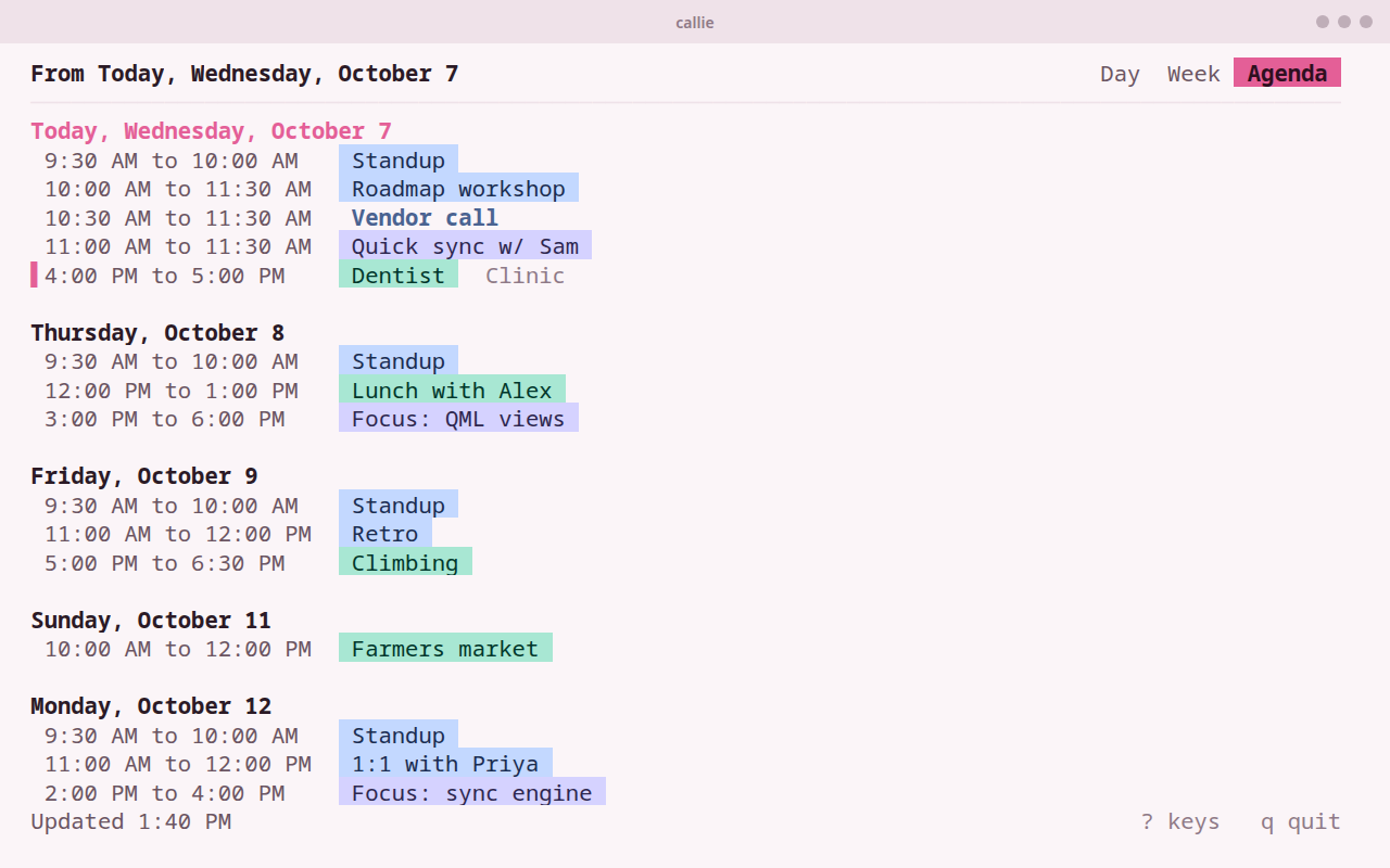 Callie's terminal calendar in Callie Light