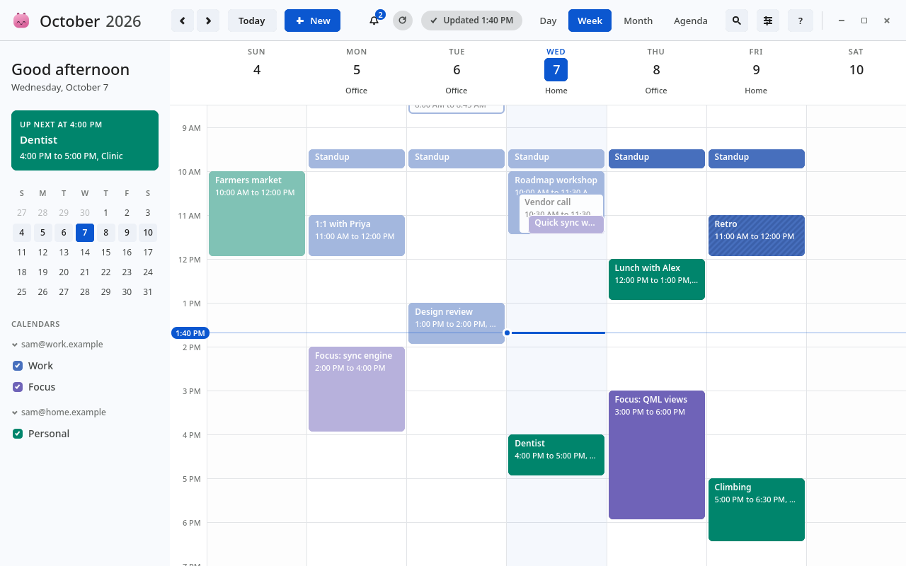 Callie's week view in the Minimal theme: white, Google's blue and solid calendar colors