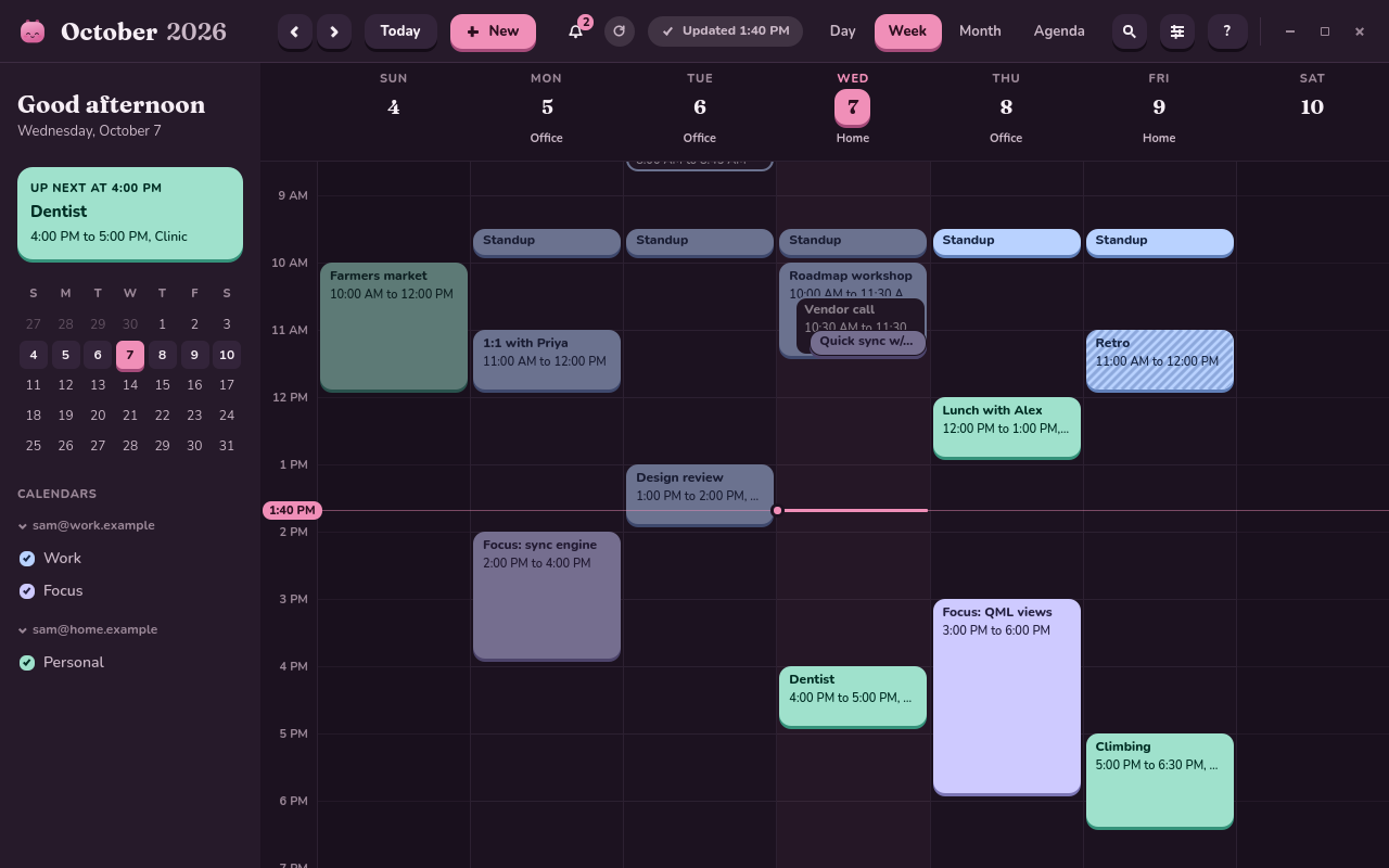 Callie's week view in its dark theme, with where Sam works under each day, and the sidebar's greeting, what is up next and a mini month
